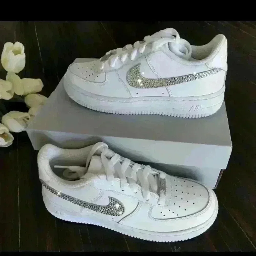 Bling Womens Nike Air Force 1 White Sneakers Shoes made with Swarovski C… - Picture 4 of 8